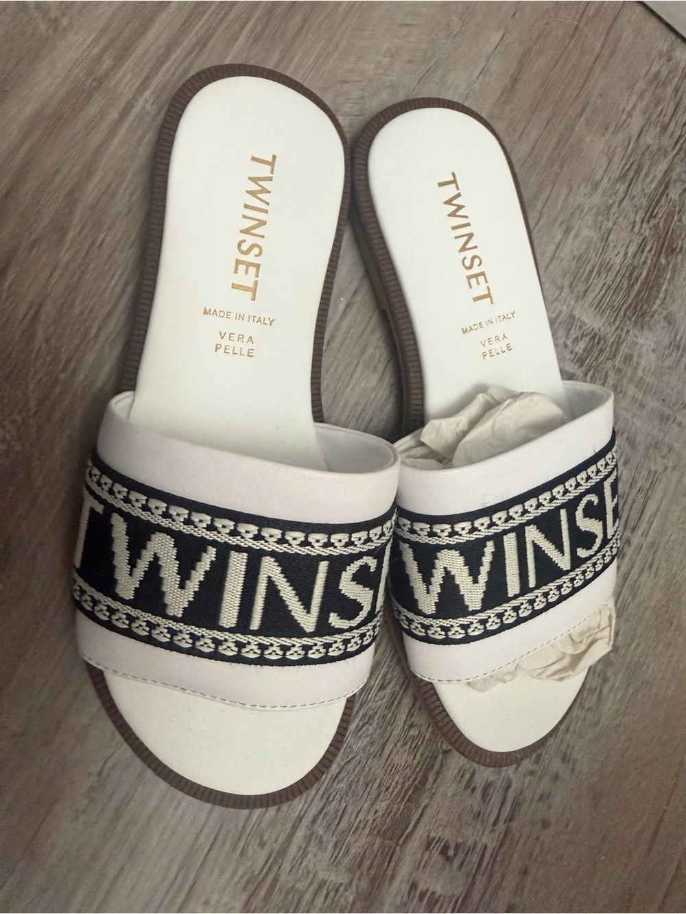 Twin-Set White Slides with Navy Logo Band
